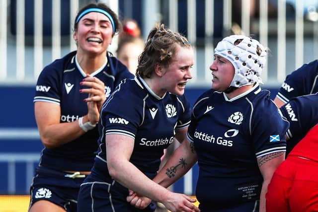 Lana Skeldon, right, in action for Scotland during their 64-26 WXV Global Series loss to Canada at Edinburgh’s Hive Stadium on Saturday (Photo: Ewan Bootman/SNS Group/SRU)