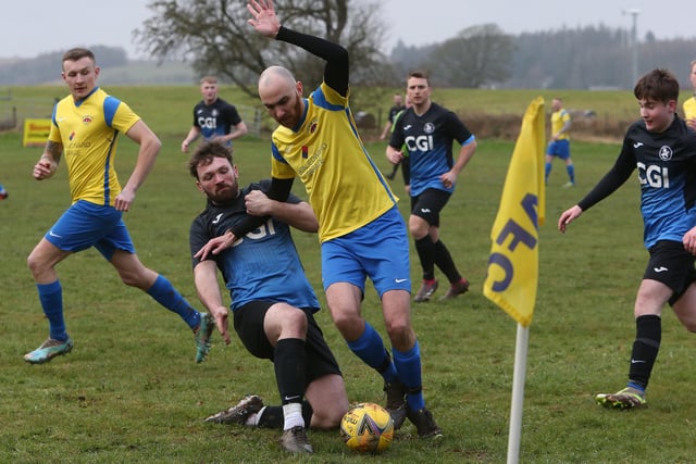 Lauder getting a tackle in away to Ancrum at Bridgend Park on Saturday (Photo: Steve Cox)