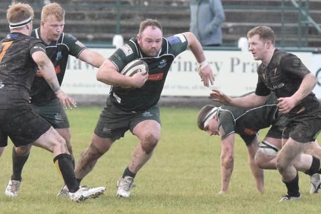 Prop Nicky Little on the ball for Hawick against Currie Chieftains on Saturday (Pic: Malcolm Grant)