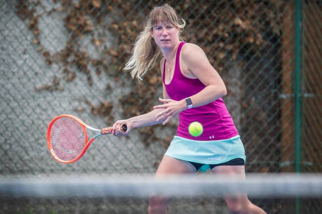 Kate Bull in the final of Kelso Orchard Tennis Club's ladies' championship (Pic: Bill McBurnie)