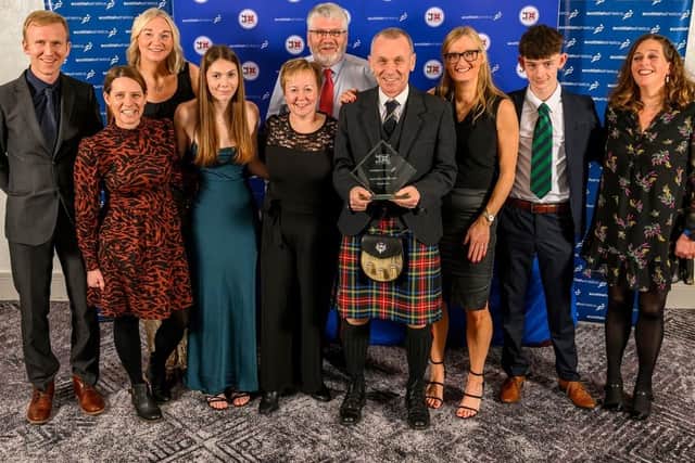Representatives of Gala Harriers with Mark Pollard after being named as impact club of the year at 2025’s Scottish Athletics awards dinner, held in Glasgow on Saturday (Photo: Bobby Gavin)