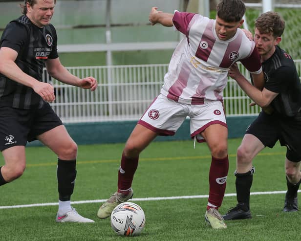 Davie Bonnar in possession during Langlee Amateurs' 4-1 victory at home to Duns Amateurs at Netherdale on Saturday to go back to the top of the Border Amateur Football Association's A division (Photo: Brian Sutherland)