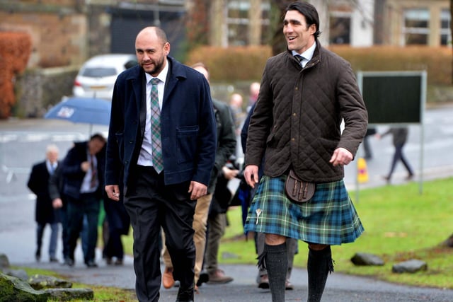 Former Scotland captain Kelly Brown, right, at Melrose Parish Church on Monday for Doddie Weir's memorial service