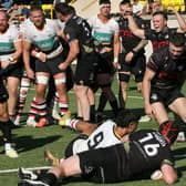 Southern Knights players celebrating Luke Thompson's try against Stirling Wolves at the Greenyards in Melrose on Saturday (Photo: Douglas Hardie)