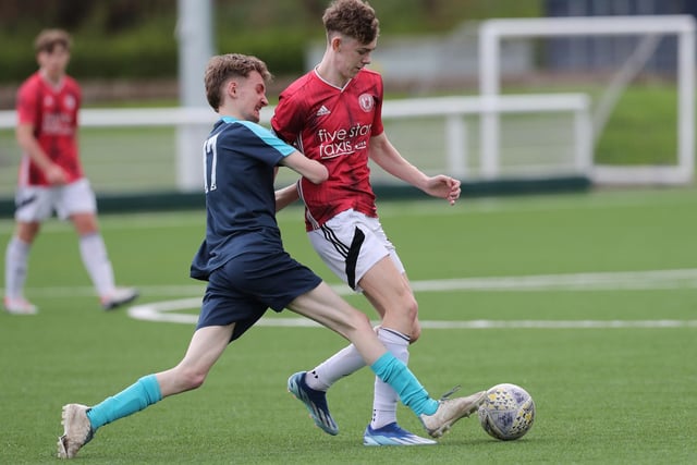 Blair Turner, left, challenging Addison Bell during Gala Fairydean Rovers Amateurs' 4-0 home win against Selkirk Victoria at Netherdale on Saturday in the Border Amateur Football Association's B division (Photo: Brian Sutherland)