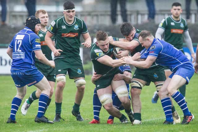 Hawick's Jae Linton on the ball against Jed-Forest on Saturday (Photo: Bill McBurnie)