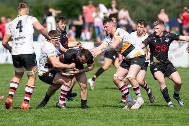 Stirling Wolves players including ex-Southern Knights captain Craig Jackson halting an attack by the Borderers on Saturday (Photo: Bryan Robertson)
