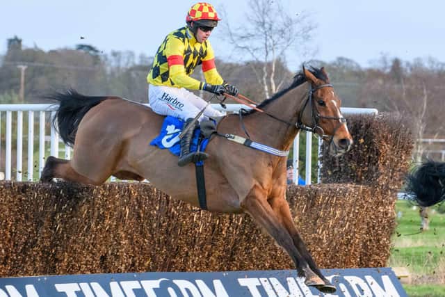 Selkirk's Sam Coltherd riding his trainer dad Stuart's Deep Charm to a second-placed finish at Kelso Racecourse on Sunday (Photo: Alan Raeburn)