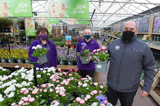 Staff at Mayfield Garden Centre, Kelso, which opened from Easter Monday, Christine Simmons, Tilda Kerse and manager, Rob Lumsdon. (Photo: BILL McBURNIE)