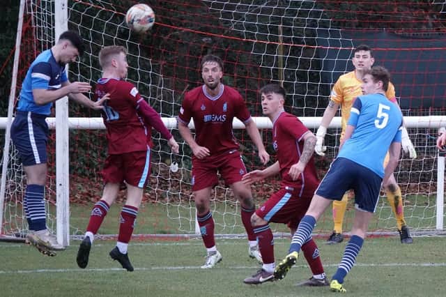 Vale of Leithen and Haddington Athletic challenging for an aerial ball on Saturday (Photo: David Wilson)