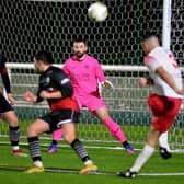 Spartans' Mikey Allan putting his second goal past Gala Fairydean Rovers goalkeeper Ryan Goodfellow (Pic: Alwyn Johnston)