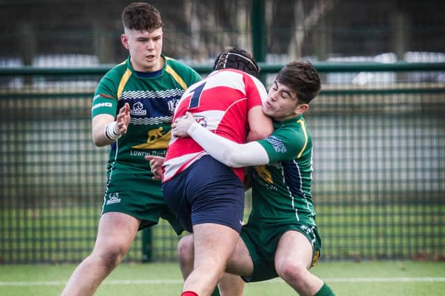 Hawick Youth's Scott Young taking down Peebles Colts prop Ben White on Saturday (Photo: Bill McBurnie)