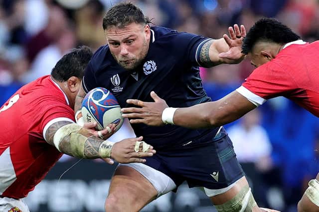 Rory Sutherland playing for Scotland versus Tonga in France in September during 2023's Rugby World Cup (Photo by David Rogers/Getty Images)