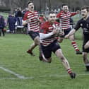 David Collins on the way to scoring one of his three tries during Peebles' 54-13 win at home to Berwick at the Gytes on Saturday (Photo: Stephen Mathison)