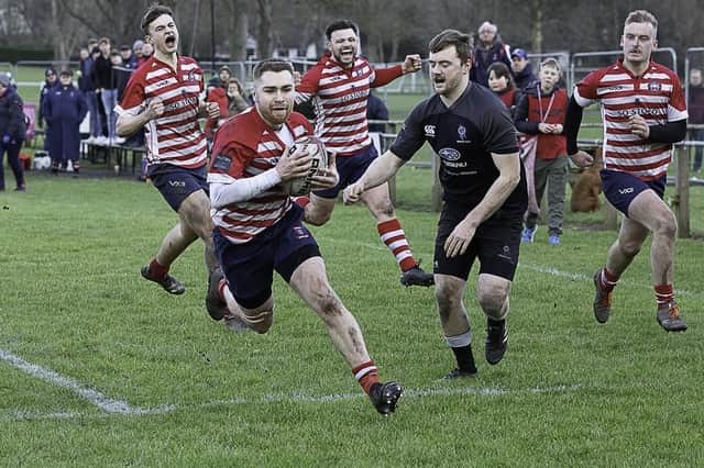 David Collins on the way to scoring one of his three tries during Peebles' 54-13 win at home to Berwick at the Gytes on Saturday (Photo: Stephen Mathison)
