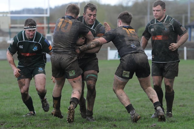 Dalton Redpath in possession during Hawick's 16-3 Scottish cup semi-final win at home to Currie Chieftains at Mansfield Park on Saturday (Photo: Grant Kinghorn)