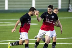 Zander Murray celebrates scoring against University of Stirling on Saturday (Pics by Thomas Brown)