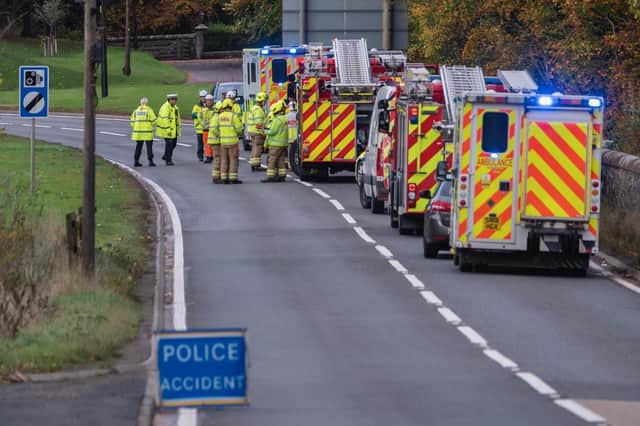 Emergency vehicles attend following a collision on the A68 this afternoon. Photo: Phil Wilkinson.