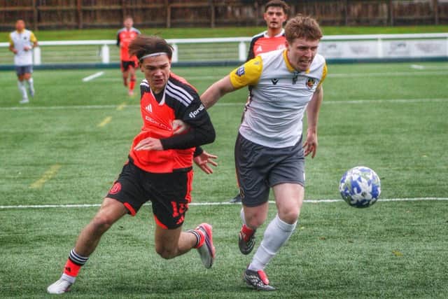 Zack Tomany, left, in action for Gala Fairydean Rovers during their 1-1 draw at home to Berwick Rangers on Saturday at Netherdale Stadium (Photo: Gala Fairydean Rovers)