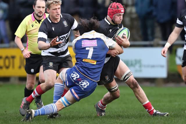 Blake Roff getting a tackle in for Jed-Forest during their 30-21 loss at Kelso on Saturday (Photo: Brian Sutherland)