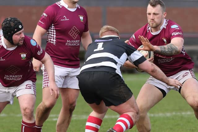 Murray Wilson going up against Angus McGregor during Kelso's 28-17 Border League win away to Gala at Netherdale on Saturday (Photo: Brian Sutherland)