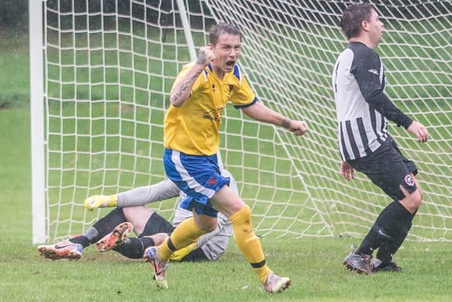 Scott Storrie celebrating scoring one of Hawick Colts' four goals against Spittal Rovers (Photo: Bill McBurnie)