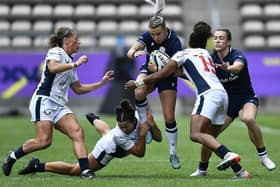 Chloe Rollie on the ball for Scotland during their WXV 2 match versus the USA at Cape Town's Athlone Stadium in South Africa today (Photo by Ashley Vlotman/Gallo Images/Getty Images)