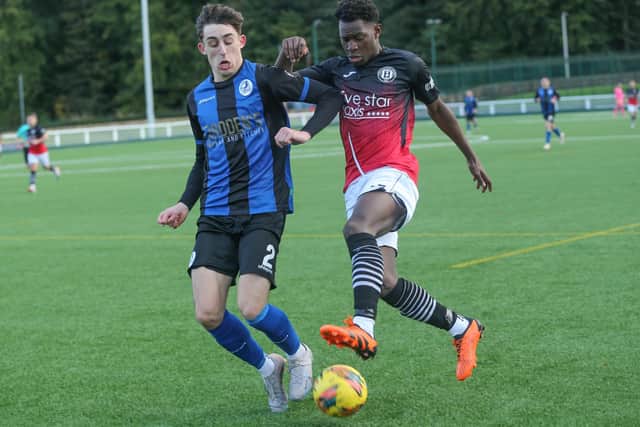 Lasana Drammeh in action for Gala Fairydean Rovers during their 4-1 loss at home to Cumbernauld Colts on Saturday (Photo: Brian Sutherland)