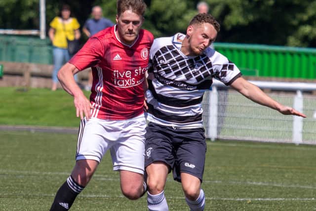 Marc Berry being challenged during the Lowland League game between Gala Fairydean Rovers and East Stirlingshire on Saturday (Photo: Thomas Brown)