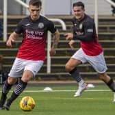 Gala Fairydean Rovers hat-trick scorer Jamie Semple on the ball against Strathspey Thistle on Saturday, with Jack Beaumont in support, in the first round of this season's Scottish Cup (Photo: Thomas Brown)