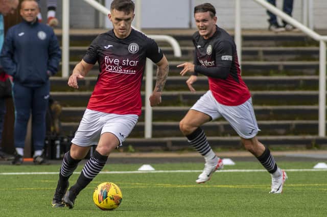 Gala Fairydean Rovers hat-trick scorer Jamie Semple on the ball against Strathspey Thistle on Saturday, with Jack Beaumont in support, in the first round of this season's Scottish Cup (Photo: Thomas Brown)