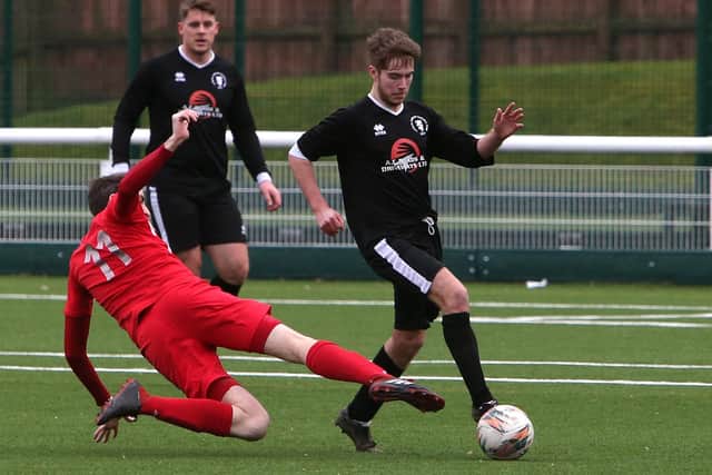 Langlee Amateurs' Graeme Clark on the ball during their 5-0 win against Tweeddale Rovers at the Netherdale 3G pitch in Galashiels on Saturday (Pic: Steve Cox)