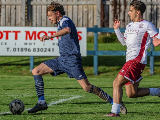 Murray Davidson in action for Vale of Leithen during their 3-2 loss at home to Tynecastle at Victoria Park in Innerleithen on Saturday (Photo: Hilary Isaac)