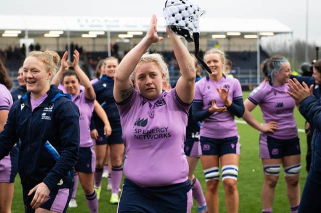 Hooker Lana Skeldon celebrating after Scotland's 29-21 Women's Six Nations victory versus Italy at Edinburgh's DAM Health Stadium on Saturday (Pic: Ross Parker/SNS Group/SRU)