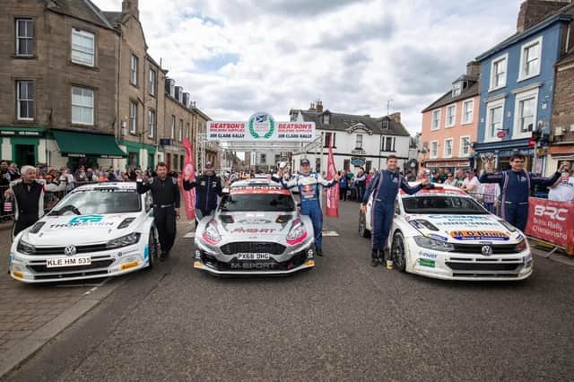 2023 Jim Clark Rally winner Adrien Fourmaux and co-driver Alex Coria, with runners-up Keith Cronin and Mikie Galvin, right, and third-placed Euan Thorburn and Paul Beaton, left (Photo: British Rally Championship)