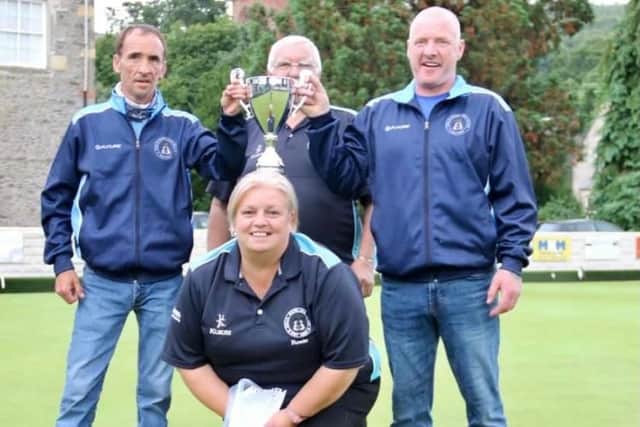 Scheibe’s 3 Bowl Open Pairs winners at Gala BC, from left, Dean Dodd, sponsor Paul Scheibe and Craig Miller, with club president Roseanne Eades, front