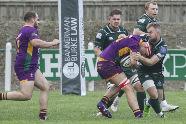Kyle Brunton in action for Hawick against Marr at the weekend, supported by Shaun Fairburn and Gareth Welsh (Pic: Bill McBurnie)