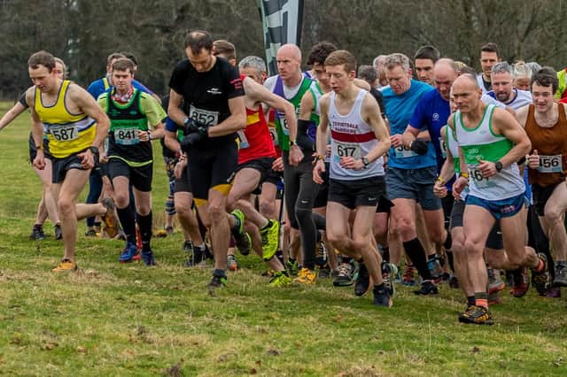 Lauderdale Limper Marc Wilkinson, far left, leading the way at Sunday's Duns round of the current Borders Cross-Country Series (Photo: Mark Kinghorn)
