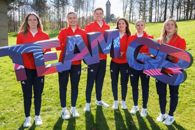 From left, Kathleen Dawson, Katie Shanahan, Duncan Scott, Angharad Evans, Lucy Hope and Keanna MacInnes at this week's Paris 2024 Team GB swimming squad announcement at Stirling University (Photo by Steve Welsh/Getty Images)