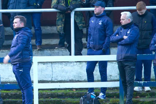 Vale of Leithen manager Grant Sandison, third from right, watching his side being beaten 6-0 by Rangers B (Photo: Bill McBurnie)