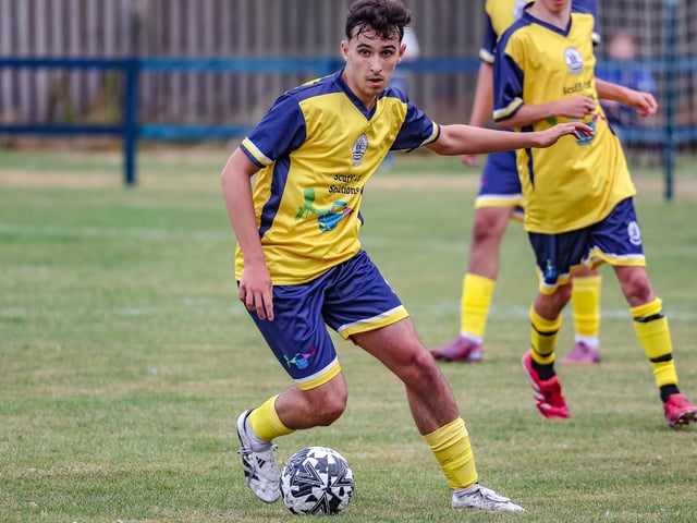 Adam Mastaglio in possession for Vale of Leithen under-20s during their first game ever, a 6-1 friendly defeat at home to Dunbar United under-20s last Friday at Victoria Park in Innerleithen (Photo: Hilary Isaac)