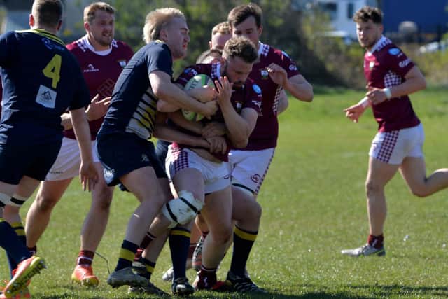 Gala captain Rex Jeffrey coming up against Dundee's Grant Harley (Photo: Alwyn Johnston)