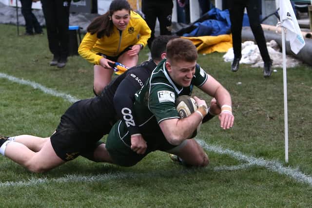 Ronan McKean scoring Hawick's Tennent's Premiership title-winning try against Currie Chieftains on Saturday (Pic: Steve Cox)