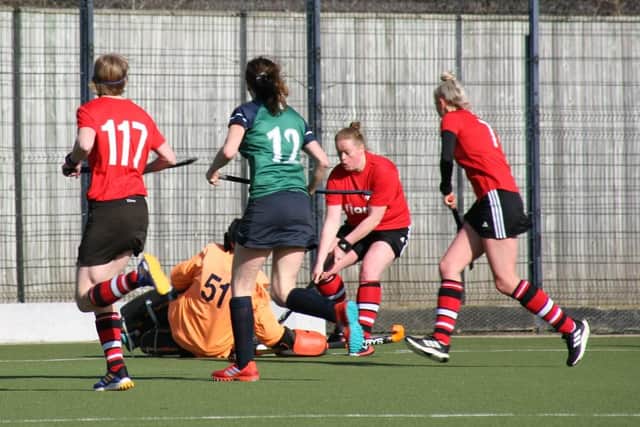 Ashley Robson, third right,  turning out for the 3rds, is thwarted by the Boroughmuir 'keeper