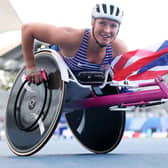 Samantha Kinghorn celebrating after winning the women's 100m T53 final at July's Para Athletics World Championships in Paris (Pic: Alexander Hassenstein/Getty Images)