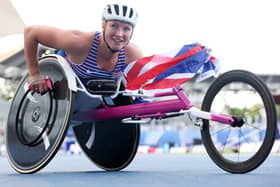 Samantha Kinghorn celebrating after winning the women's 100m T53 final at July's Para Athletics World Championships in Paris (Pic: Alexander Hassenstein/Getty Images)