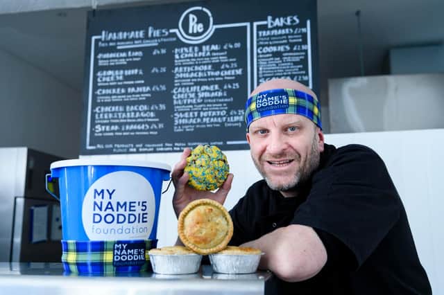 Pie's Gareth Easton with his Doddie Pie and Doddie Crunch cookie. Photo: Ian Georgeson.