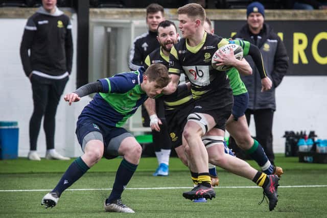 Craig Fairbairn, supported by Bruce Colvine, on the charge for Melrose versus Boroughmuir (Photo: Bill McBurnie)