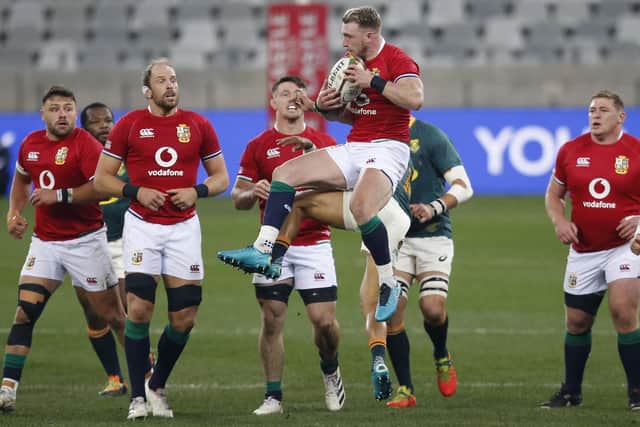 Stuart Hogg catching a ball during the first test match between South Africa and the British and Irish Lions in Cape Town yesterday (Photo by Phill Magakoe/AFP via Getty Images)