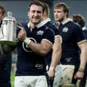 Scotland captain Stuart Hogg with the Calcutta Cup following his side's victory in the Guinness Six Nations match between England and Scotland at Twickenham Stadium today. (Photo by David Rogers/Getty Images)